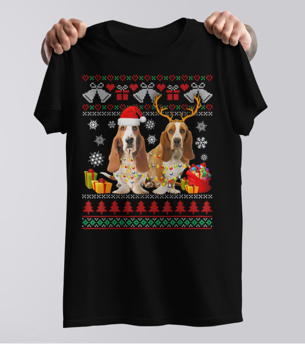 Basset Hound Dog Ugly Christmas Puppy With Santa Hat And Reindeer Antlers Holiday Lights And Gifts T-Shirt