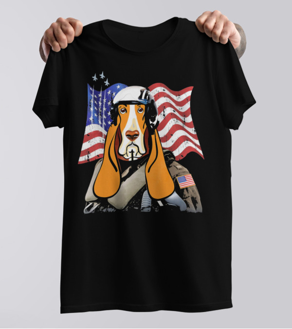 The Patriotic Basset Hound Combat Stryke USA Flag Helmet Pilot T-Shirt