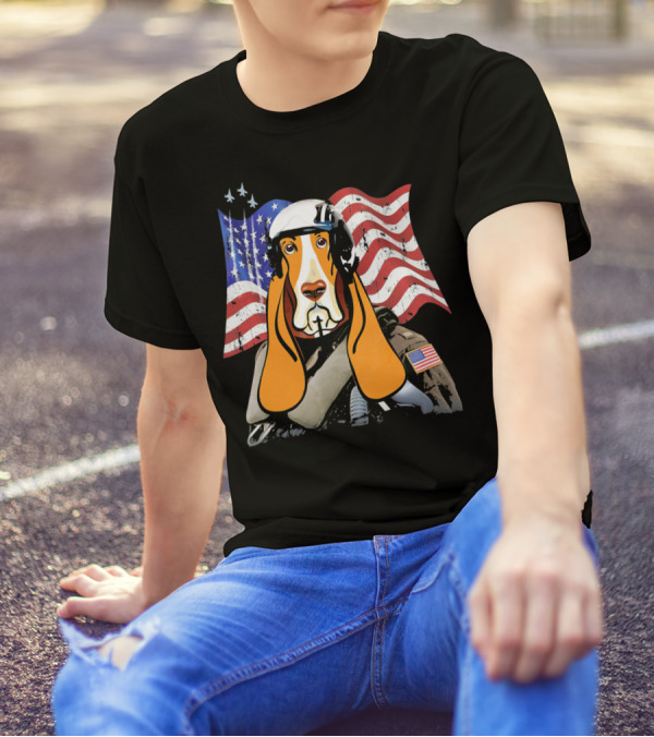 The Patriotic Basset Hound Combat Stryke USA Flag Helmet Pilot T-Shirt