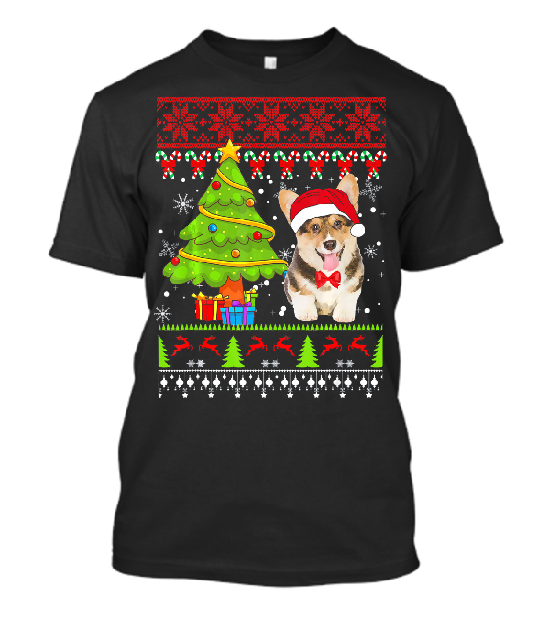 Welsh Corgi Ugly Christmas Sweater With Santa Hat And Christmas Tree T-Shirt