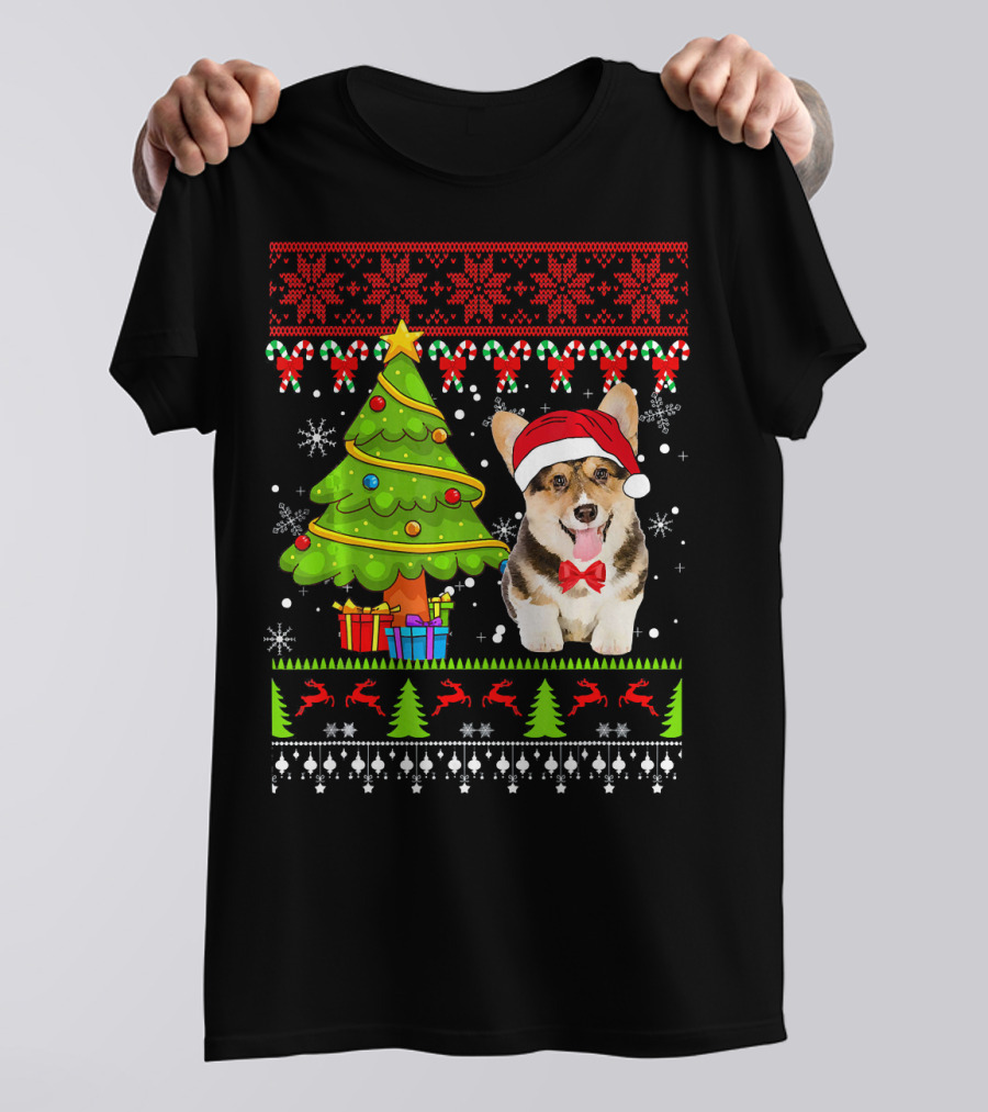 Welsh Corgi Ugly Christmas Sweater With Santa Hat And Christmas Tree T-Shirt