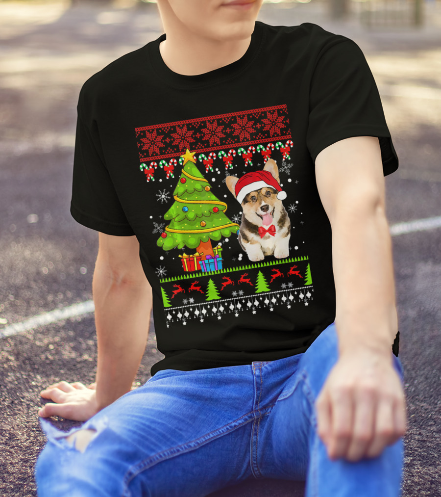 Welsh Corgi Ugly Christmas Sweater With Santa Hat And Christmas Tree T-Shirt