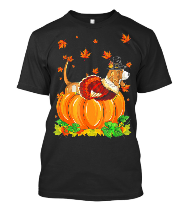 Thanksgiving Basset Hound With Turkey Costume And Pilgrim Hat In Autumn Pumpkin Scene T-Shirt