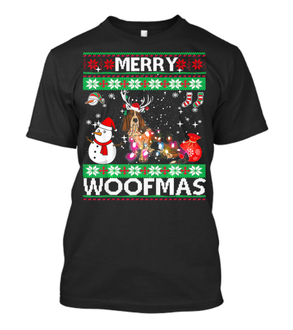 Merry Woofmas Basset Hound With Santa Snowman Reindeer Lights T-Shirt
