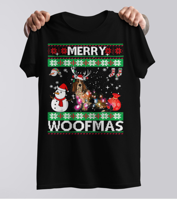 Merry Woofmas Basset Hound With Santa Snowman Reindeer Lights T-Shirt