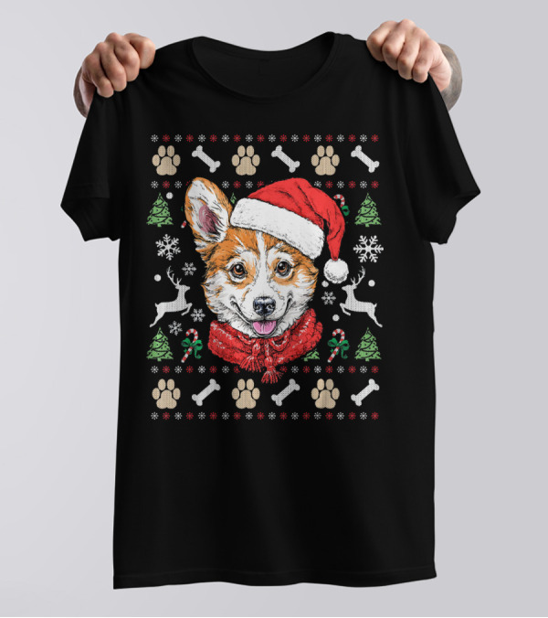 Ugly Christmas Corgi Dog Santa Hat Reindeer Paw Prints Candy Canes Snowflakes Trees T-Shirt