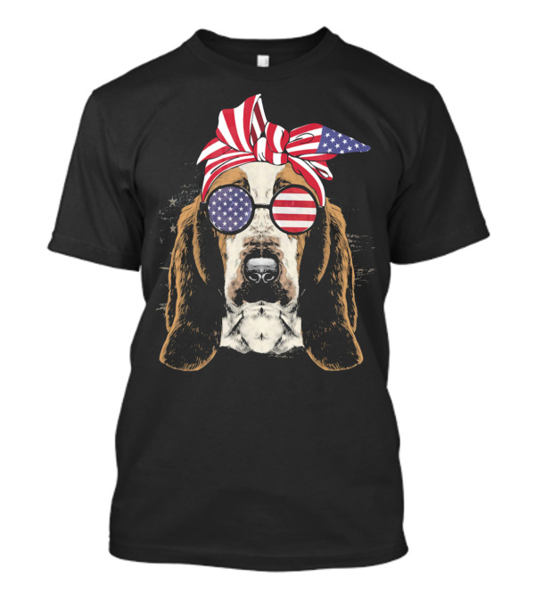 USA American Flag Basset Hound Dog Sunglasses Bandana T-Shirt