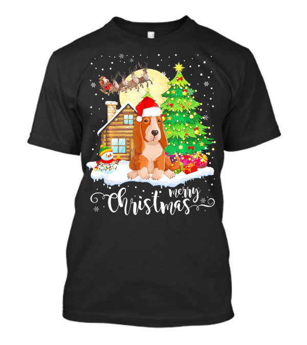 Basset Hound Merry Christmas Santa Cabin Snowman Presents Tree T-Shirt