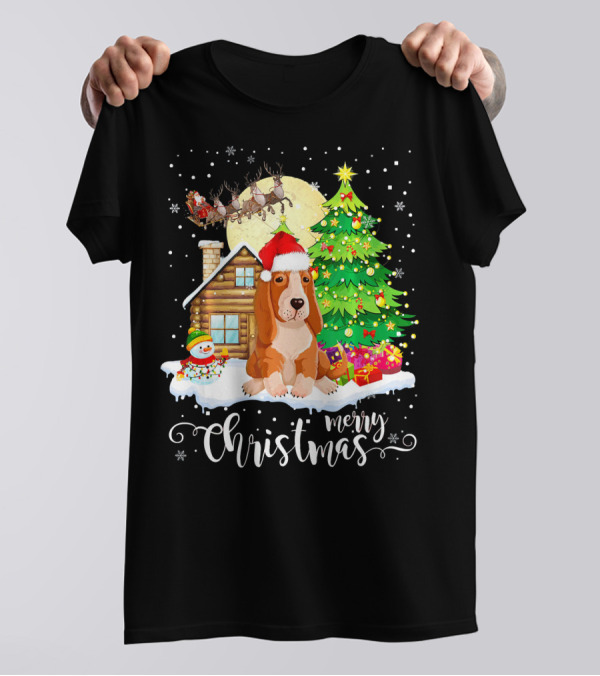 Basset Hound Merry Christmas Santa Cabin Snowman Presents Tree T-Shirt