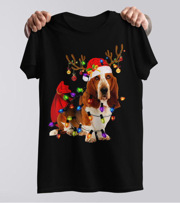 Basset Hound Santa Reindeer With Christmas Lights T-Shirt