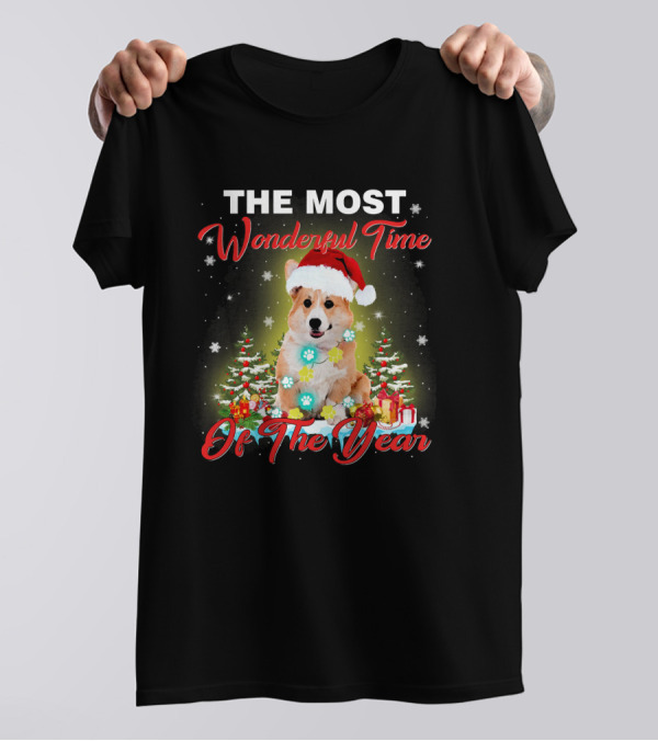 THE MOST WONDERFUL TIME OF THE YEAR CORGI HOLIDAY SANTA HAT LIGHTS CHRISTMAS TREES PRESENTS SNOWFLAKES T-Shirt
