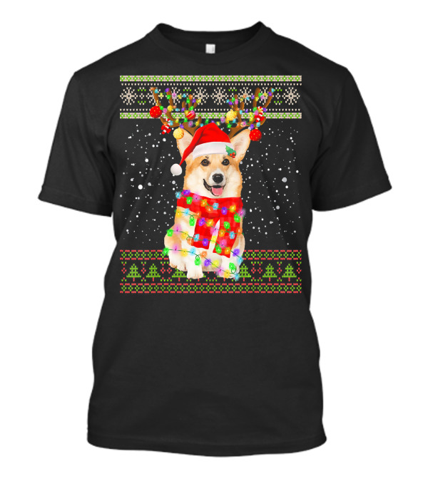 Ugly Christmas Corgi Santa Hat Festive Lights Snowfall T-Shirt