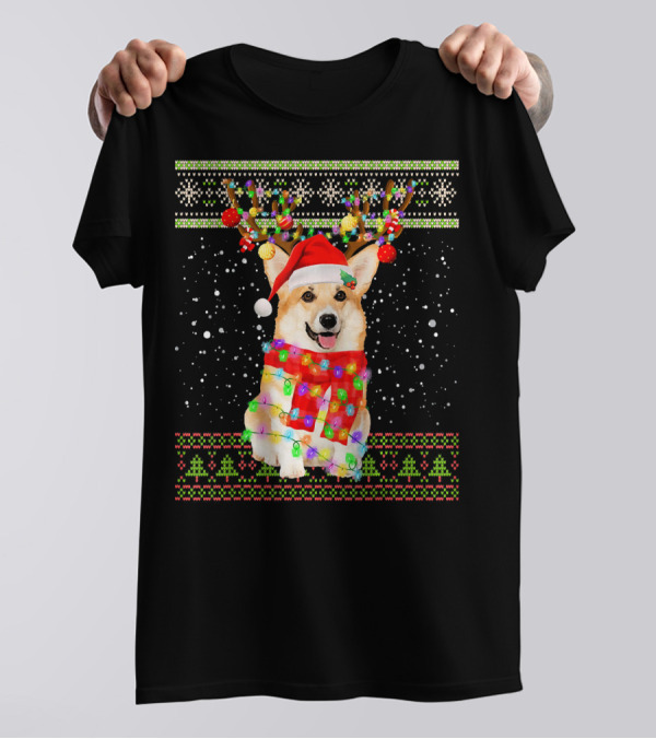 Ugly Christmas Corgi Santa Hat Festive Lights Snowfall T-Shirt