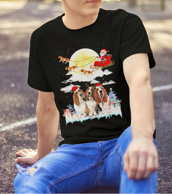 Basset Hound Dog Santa Sleigh Christmas Snowman Moonlight Scene T-Shirt