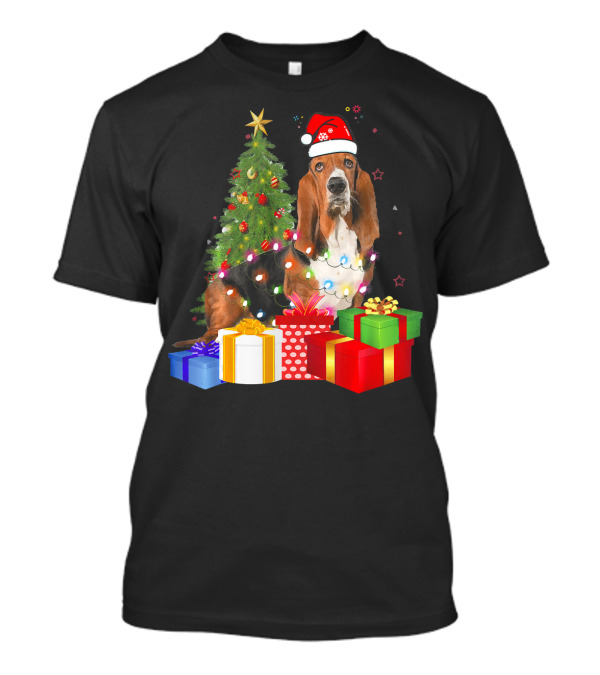 Santa Basset Hound Wrapped In Christmas Tree Lights With Presents T-Shirt