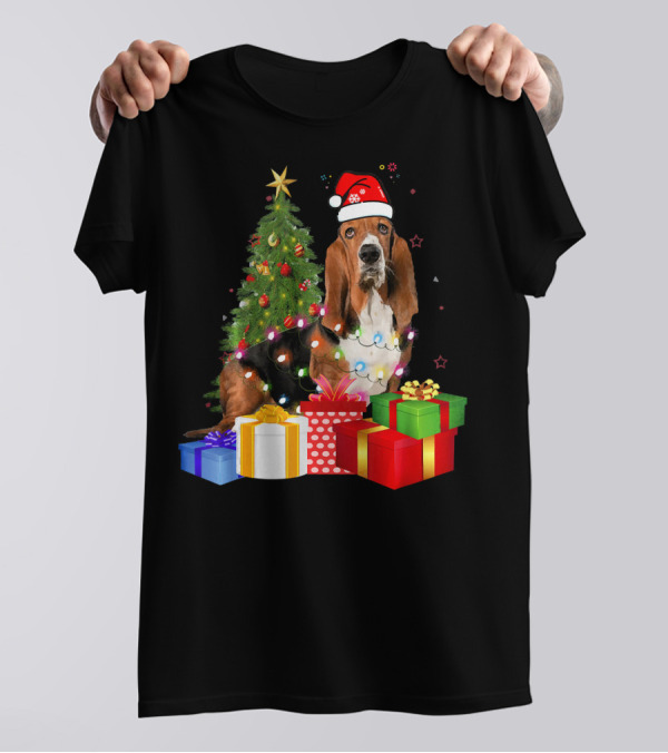 Santa Basset Hound Wrapped In Christmas Tree Lights With Presents T-Shirt