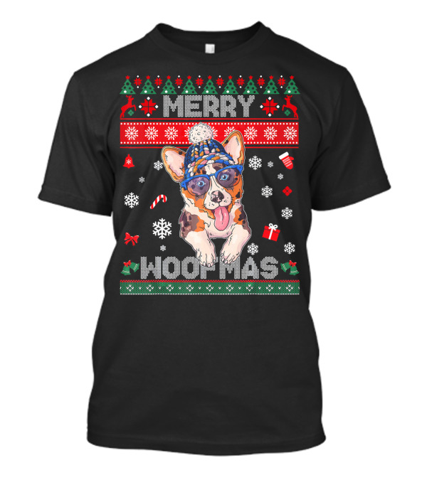 Merry Woofmas Puppy Corgi In Festive Holiday Sweater Hat And Sunglasses T-Shirt
