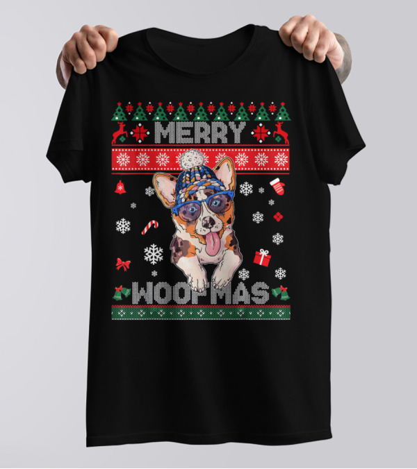 Merry Woofmas Puppy Corgi In Festive Holiday Sweater Hat And Sunglasses T-Shirt