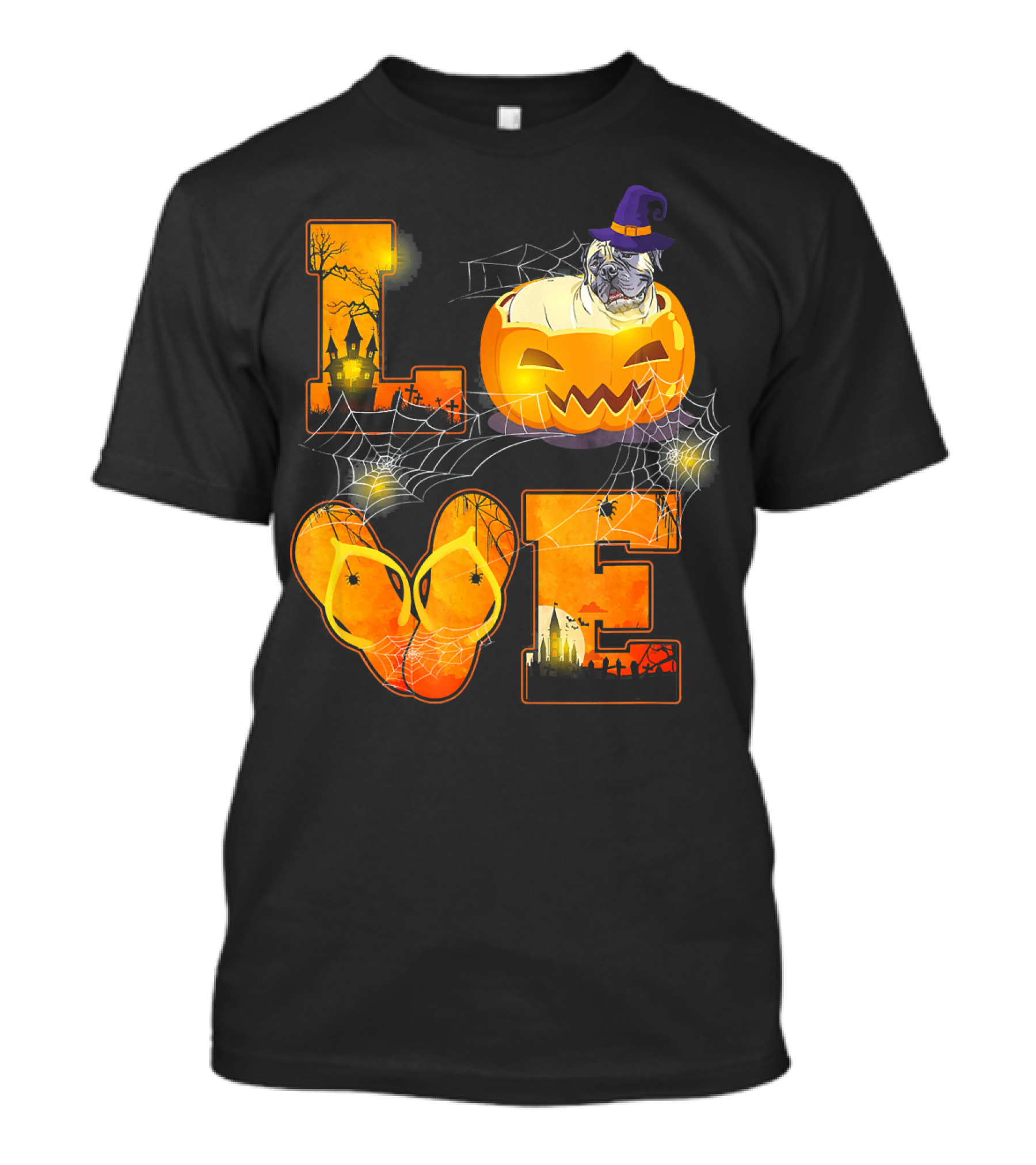 Love Halloween Bullmastiff Pumpkin Hat Ghost Spiders T-Shirt