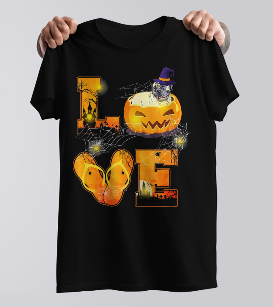 Love Halloween Bullmastiff Pumpkin Hat Ghost Spiders T-Shirt