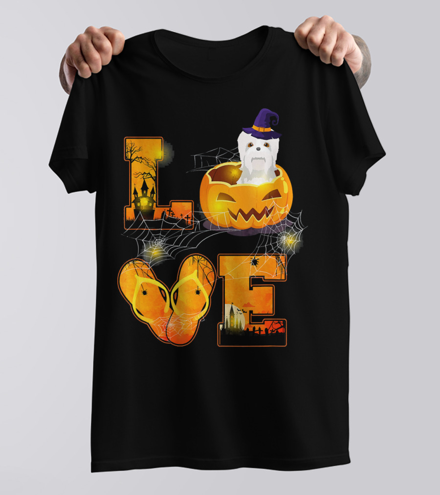 Love Havanese In Halloween Pumpkin With Witch Hat And Webs T-Shirt