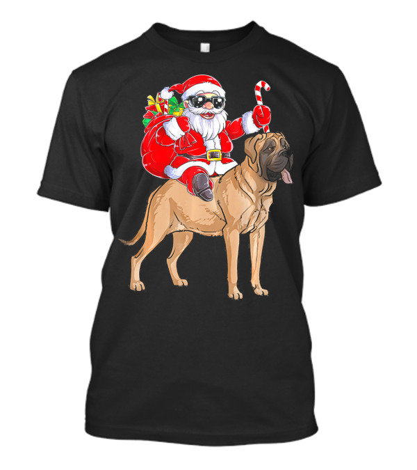 Santa Claus Riding English Mastiff With Candy Cane And Gifts T-Shirt