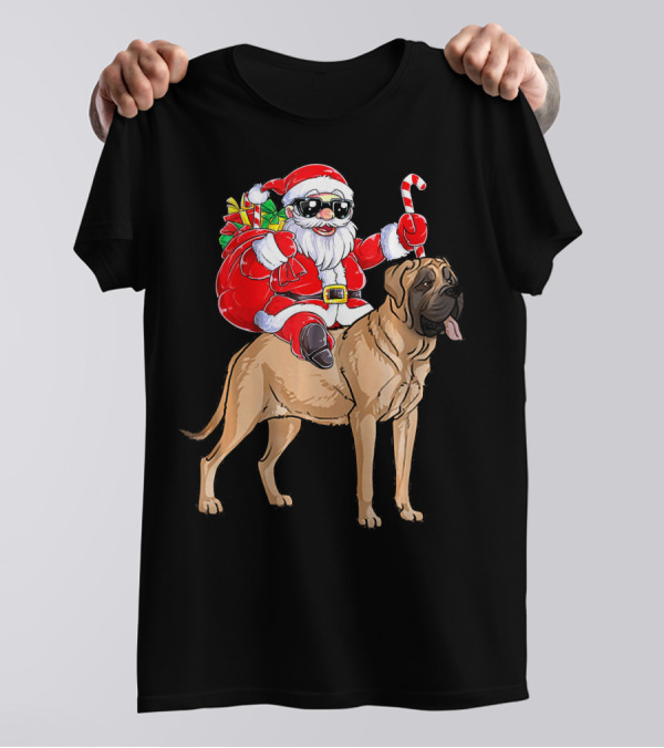 Santa Claus Riding English Mastiff With Candy Cane And Gifts T-Shirt