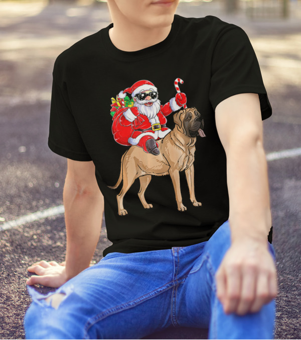 Santa Claus Riding English Mastiff With Candy Cane And Gifts T-Shirt