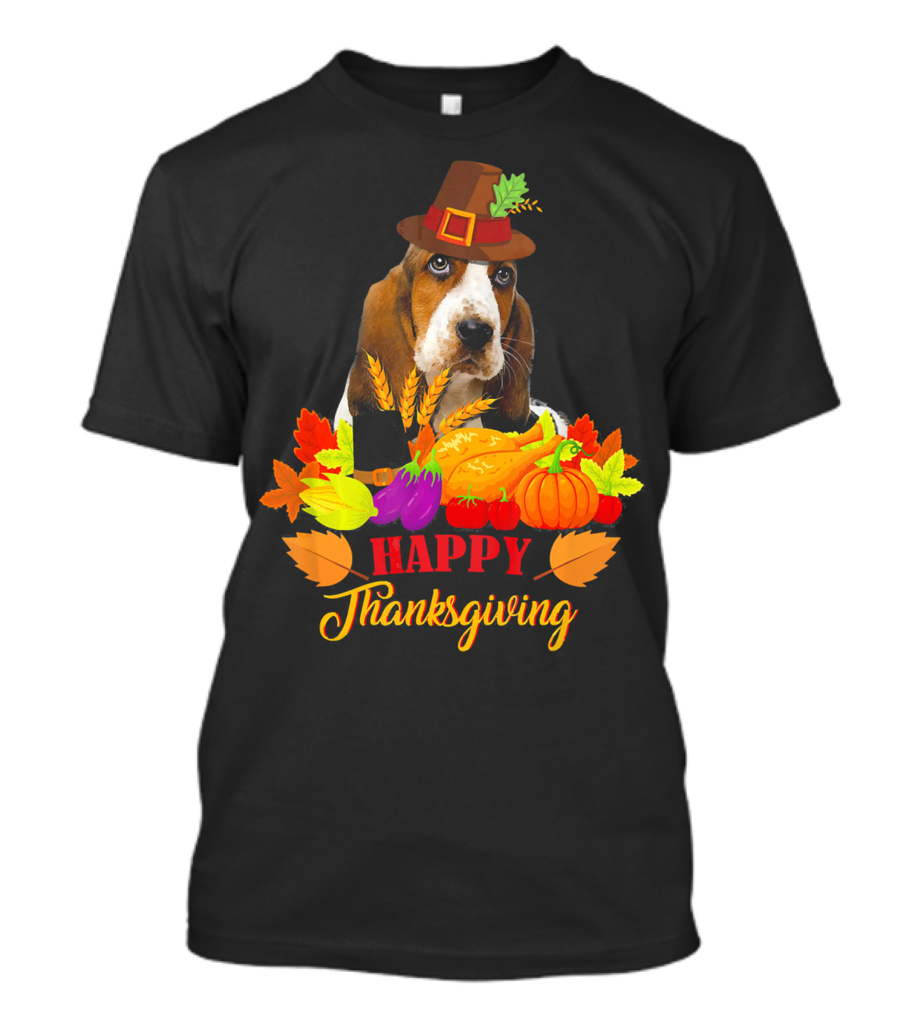 Happy Thanksgiving Basset Hound With Harvest Vegetables And Pilgrim Hat T-Shirt