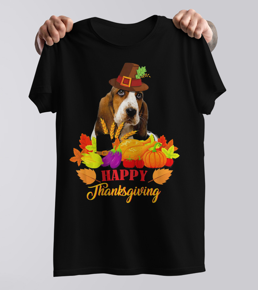 Happy Thanksgiving Basset Hound With Harvest Vegetables And Pilgrim Hat T-Shirt