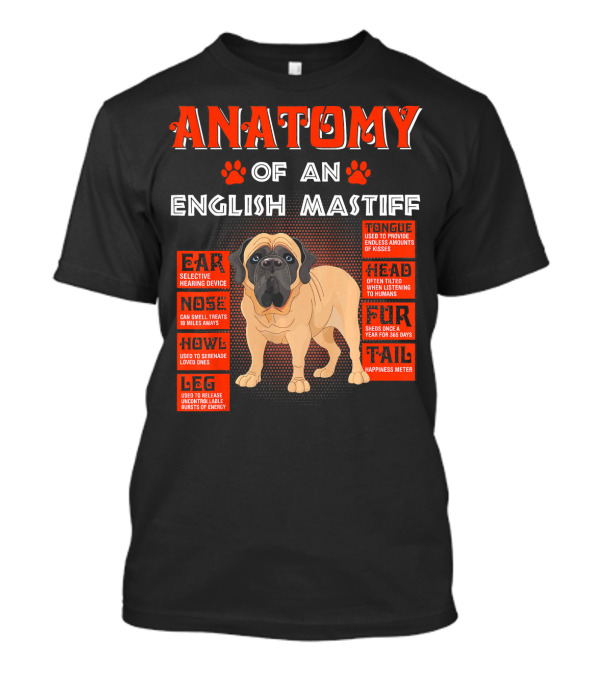 Anatomy Of An English Mastiff Ear Head Nose Tongue Howl Tail Leg Fun T-Shirt