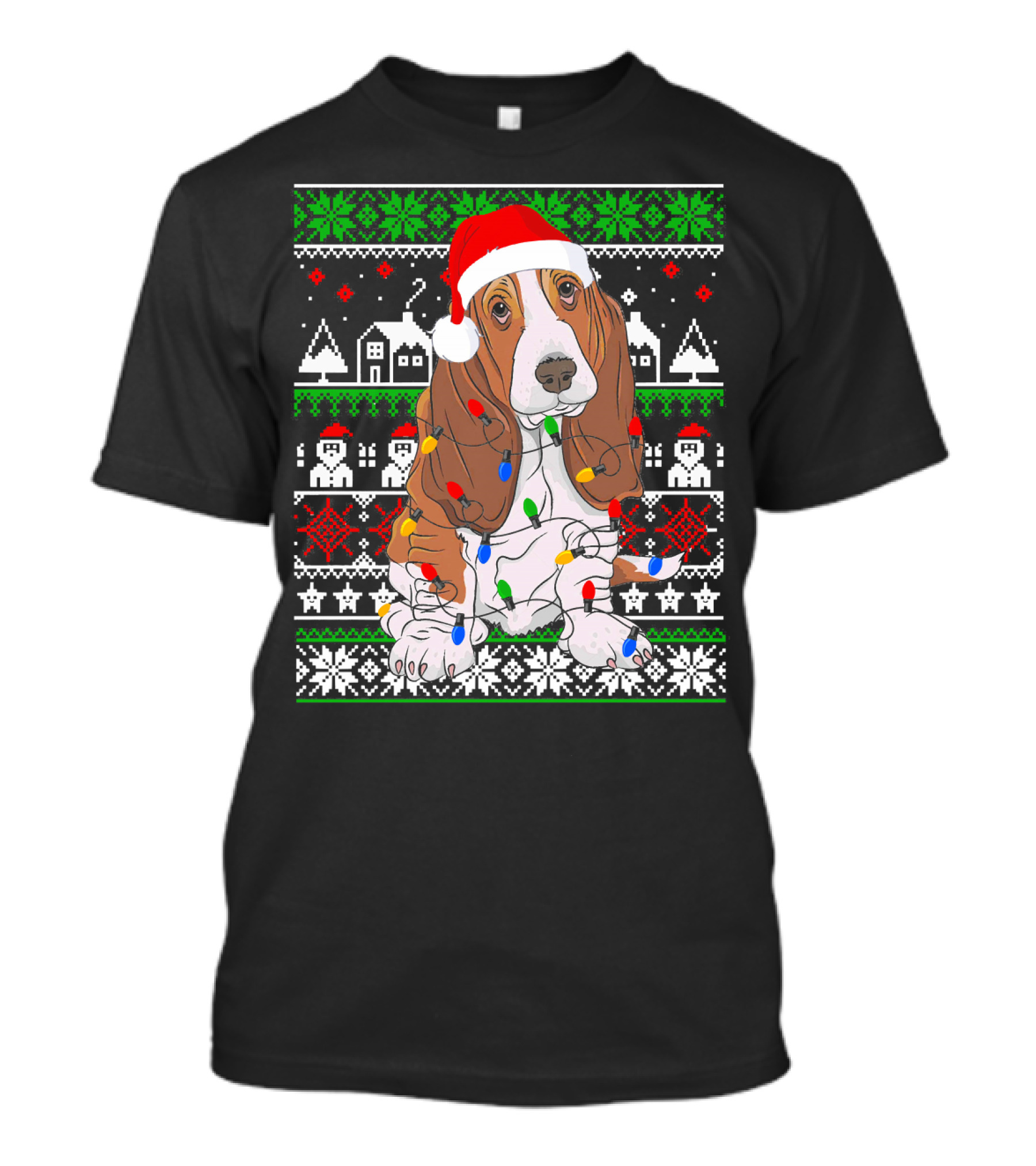 Basset Hound Christmas Lights Ugly Sweater Santa Hat T-Shirt