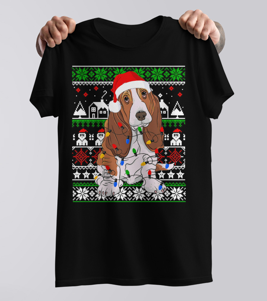 Basset Hound Christmas Lights Ugly Sweater Santa Hat T-Shirt