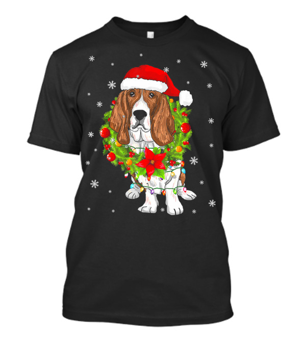 Santa Basset Hound Dog With Christmas Wreath And Lights T-Shirt