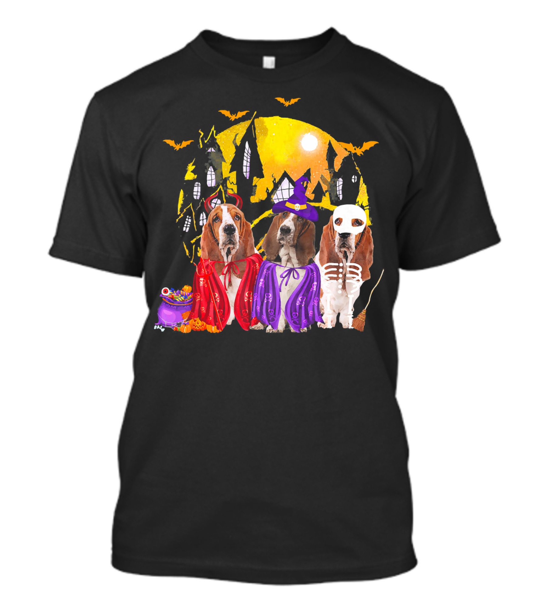 Basset Hound Dog Family Of Three Halloween Costumes Haunted House Moon T-Shirt