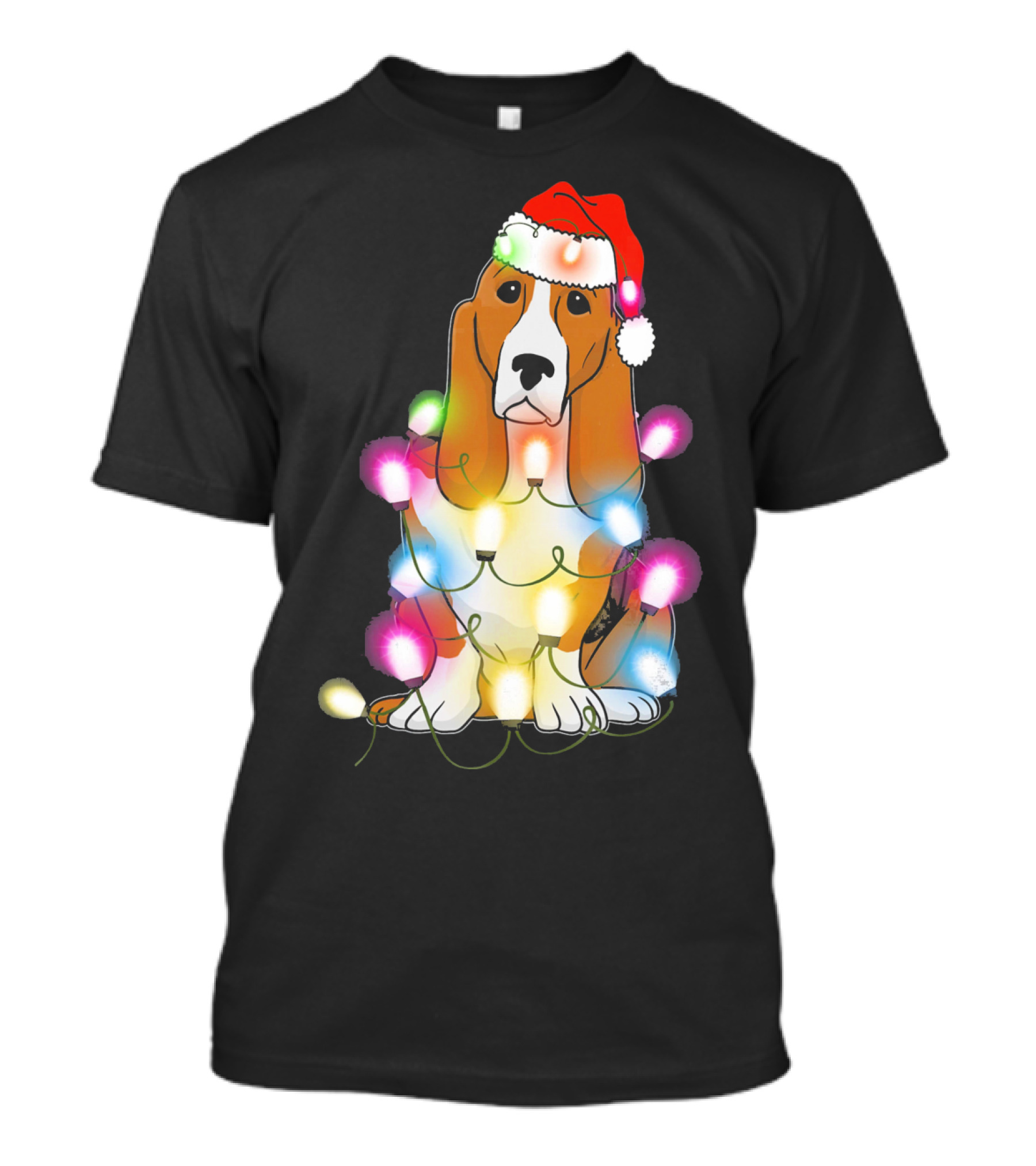 Basset Hound Christmas Lights Festive Santa Hat T-Shirt