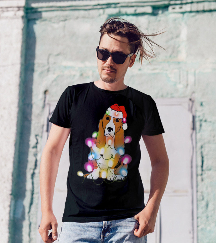 Basset Hound Christmas Lights Festive Santa Hat T-Shirt