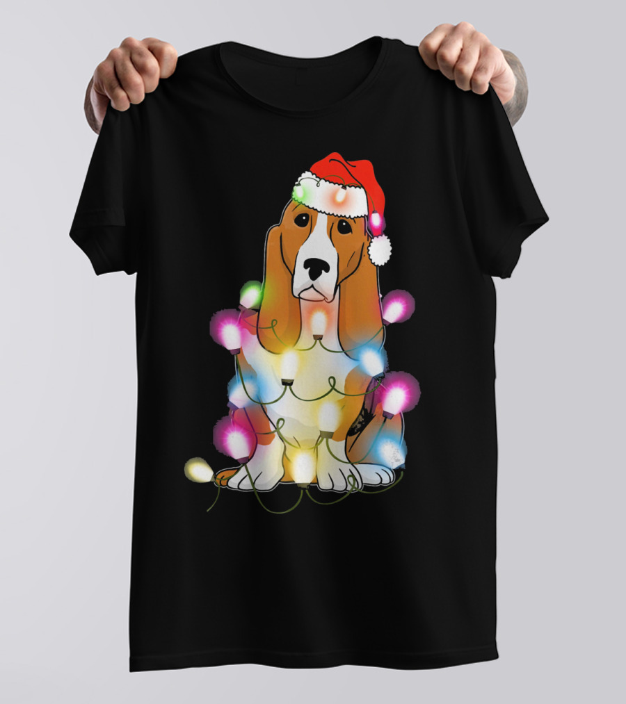 Basset Hound Christmas Lights Festive Santa Hat T-Shirt