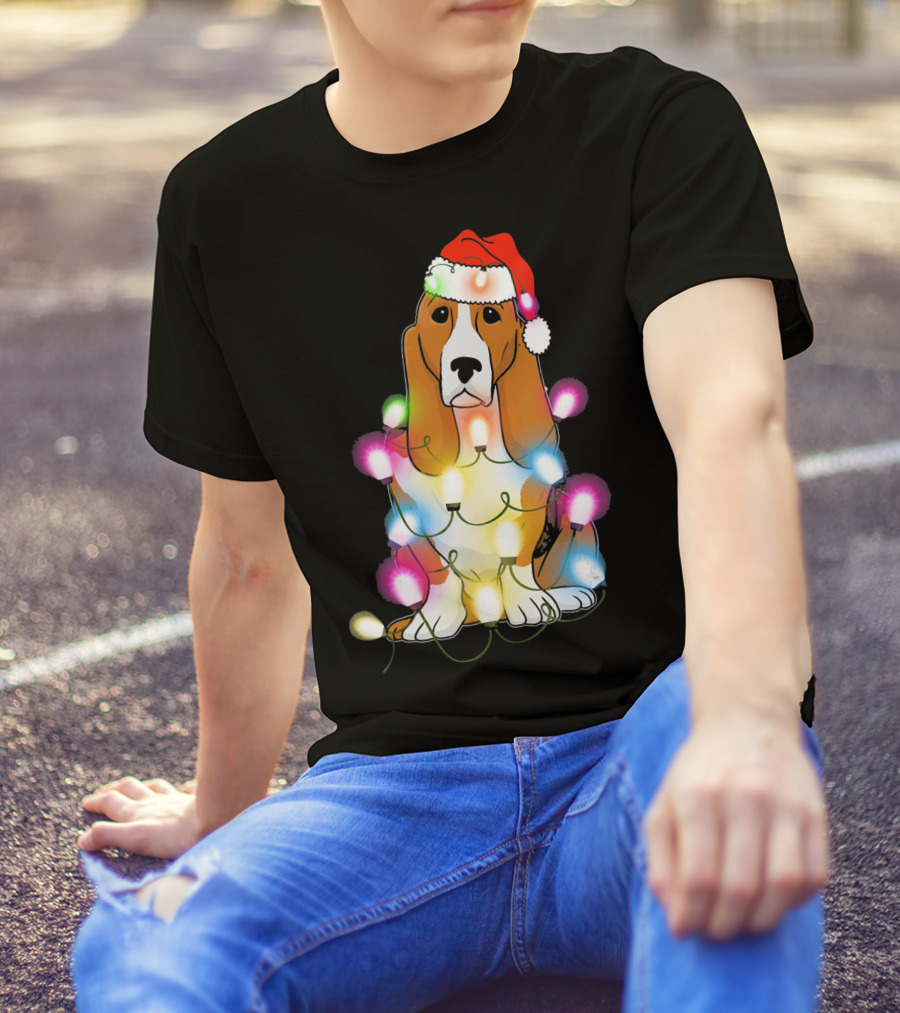 Basset Hound Christmas Lights Festive Santa Hat T-Shirt