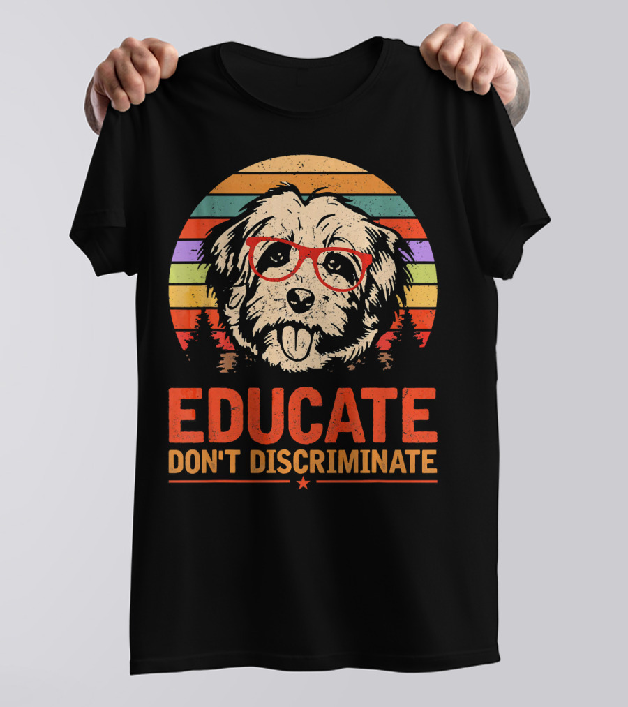 Educate Don't Discriminate Havanese Retro Glasses Dog Vintage Rainbow T-Shirt