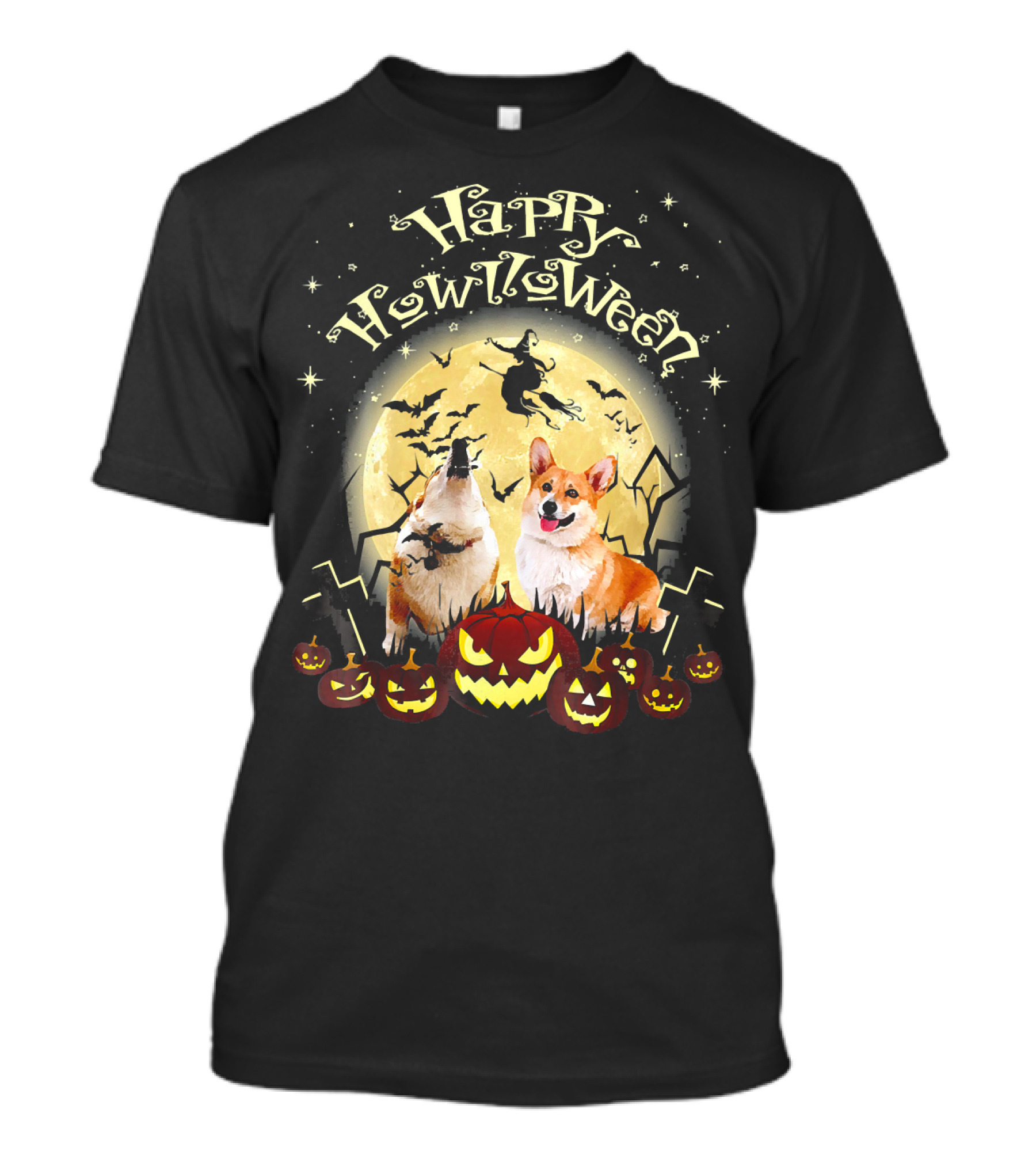 Happy Howlloween Funny Corgi Dog Witch Moon Bats Pumpkins T-Shirt