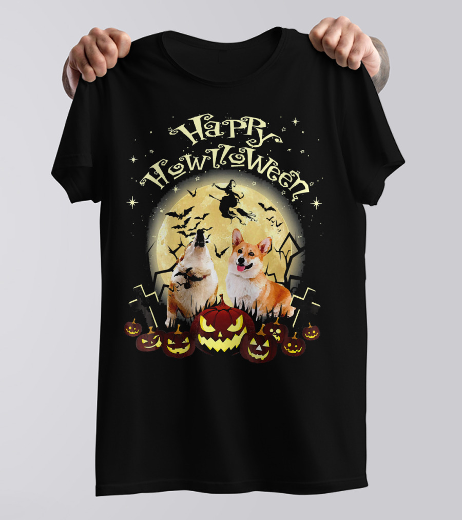 Happy Howlloween Funny Corgi Dog Witch Moon Bats Pumpkins T-Shirt