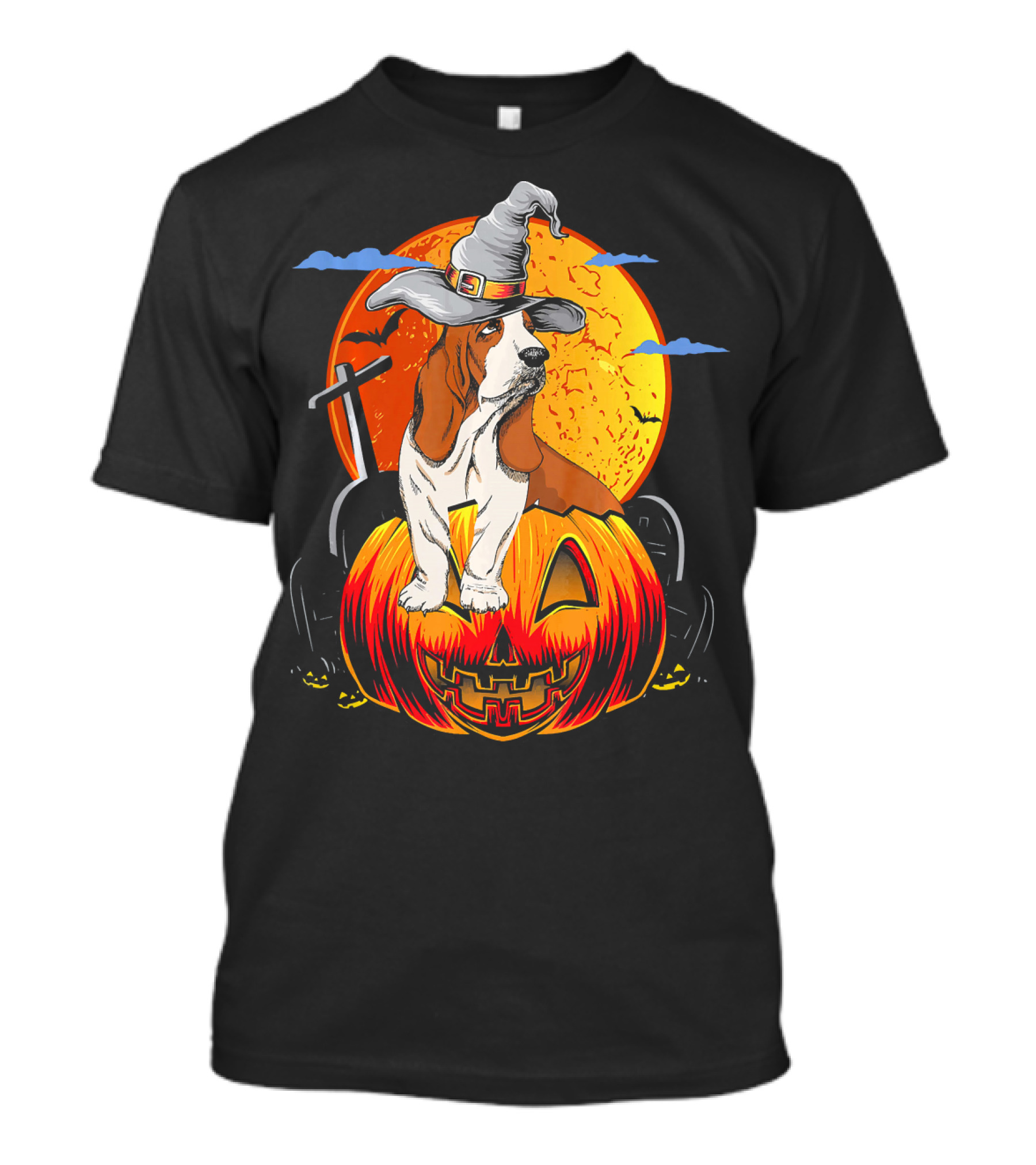 Basset Hound Halloween Pumpkin Hat With Full Moon And Witch Hat T-Shirt