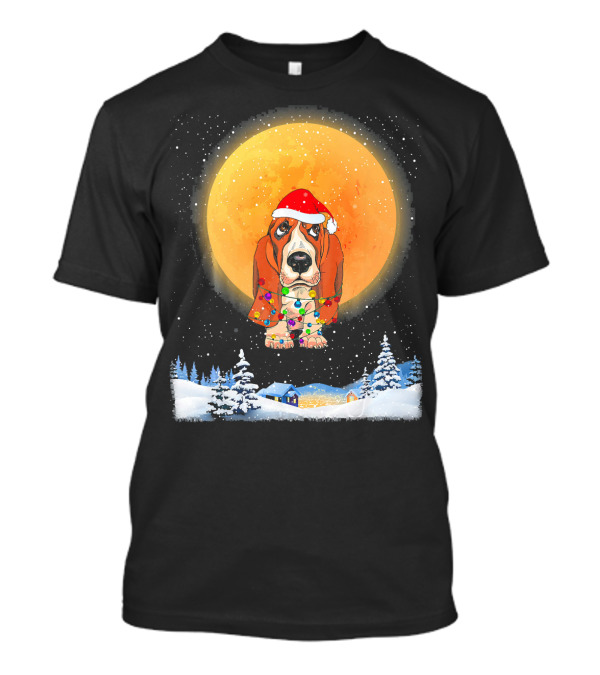 Basset Hound Christmas Santa Hat Winter Moon Snow Scene T-Shirt