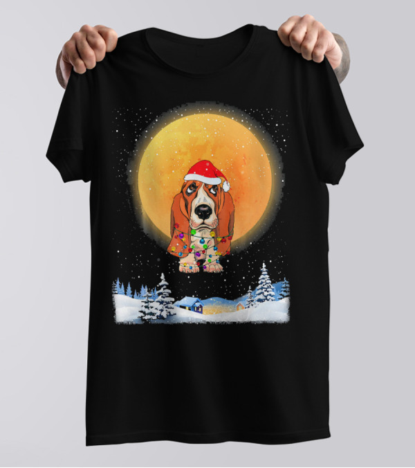 Basset Hound Christmas Santa Hat Winter Moon Snow Scene T-Shirt
