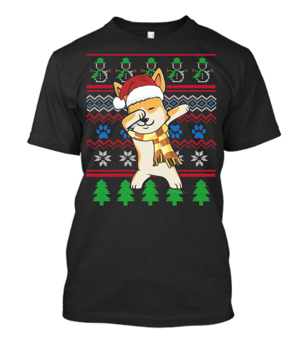 Corgi Dabbing In Santa Hat With Snowmen, Christmas Trees, And Paw Prints Ugly T-Shirt