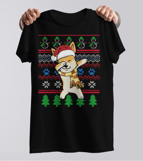 Corgi Dabbing In Santa Hat With Snowmen, Christmas Trees, And Paw Prints Ugly T-Shirt