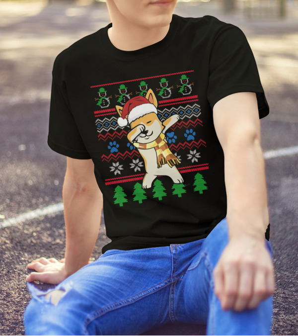 Corgi Dabbing In Santa Hat With Snowmen, Christmas Trees, And Paw Prints Ugly T-Shirt