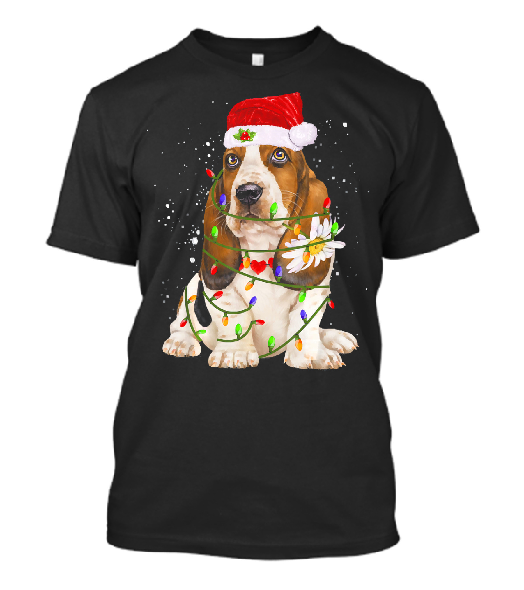 Basset Hound Christmas Lights Santa Hat And Daisy T-Shirt