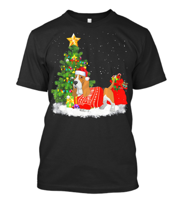 Basset Hound Dog Christmas Tree Santa Hat Red T-Shirt